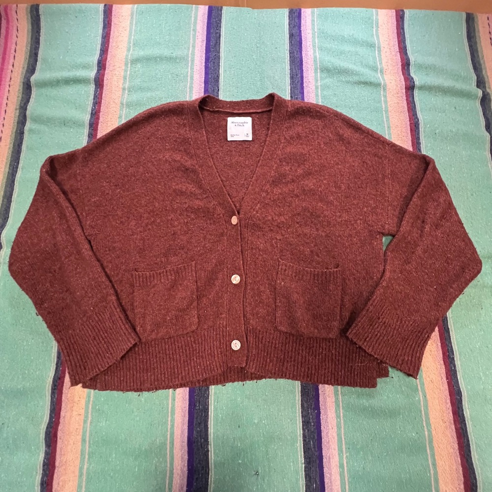 Abercrombie & Fitch Cardigan Womens M Burgundy Boxy V-Neck Knit Button Sweater